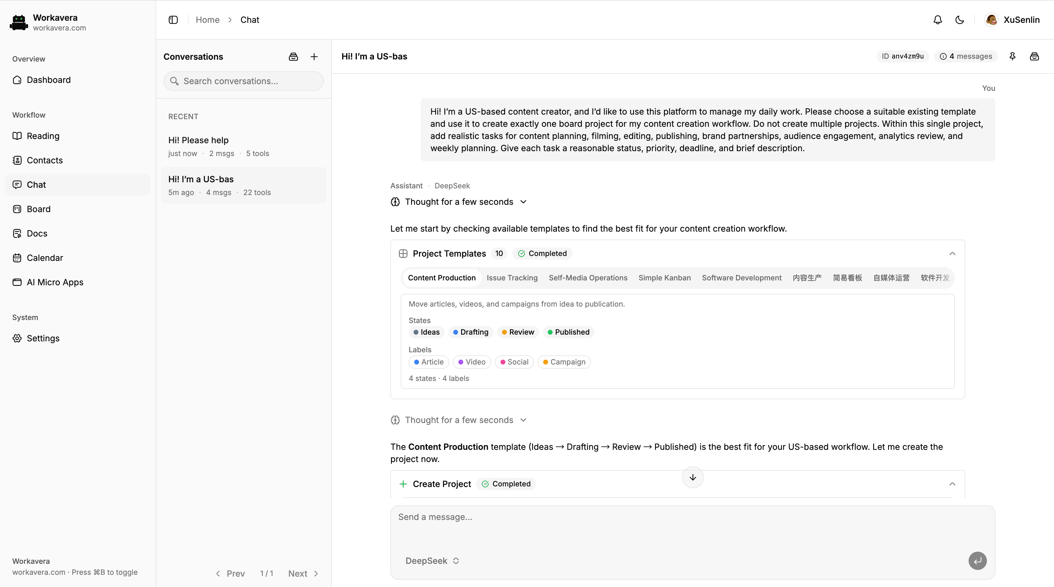 Workavera Chat selecting a project template and creating a content production project from a request