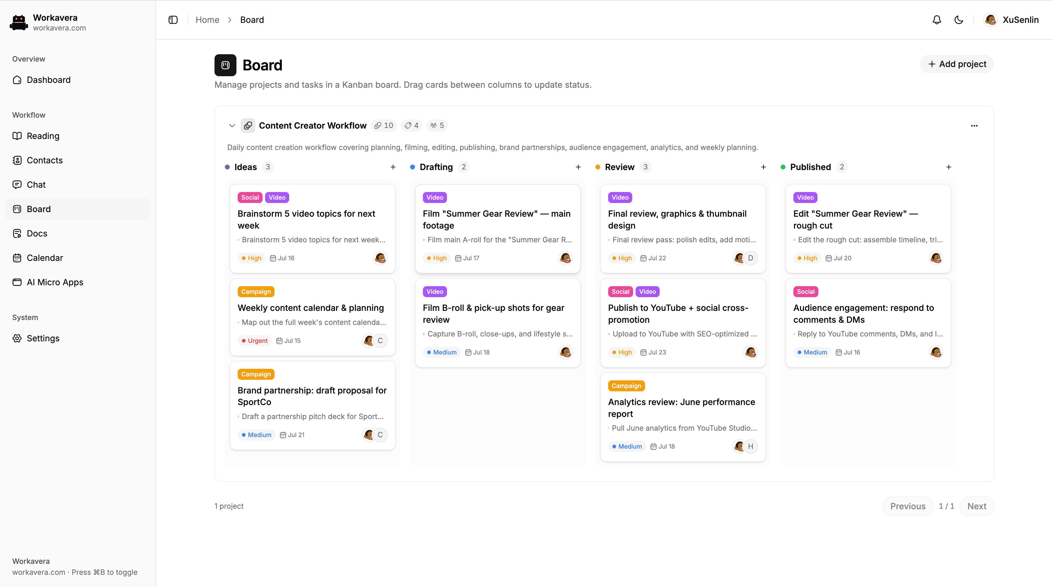 Workavera Board showing a content creator workflow moving from ideas through drafting and review to published