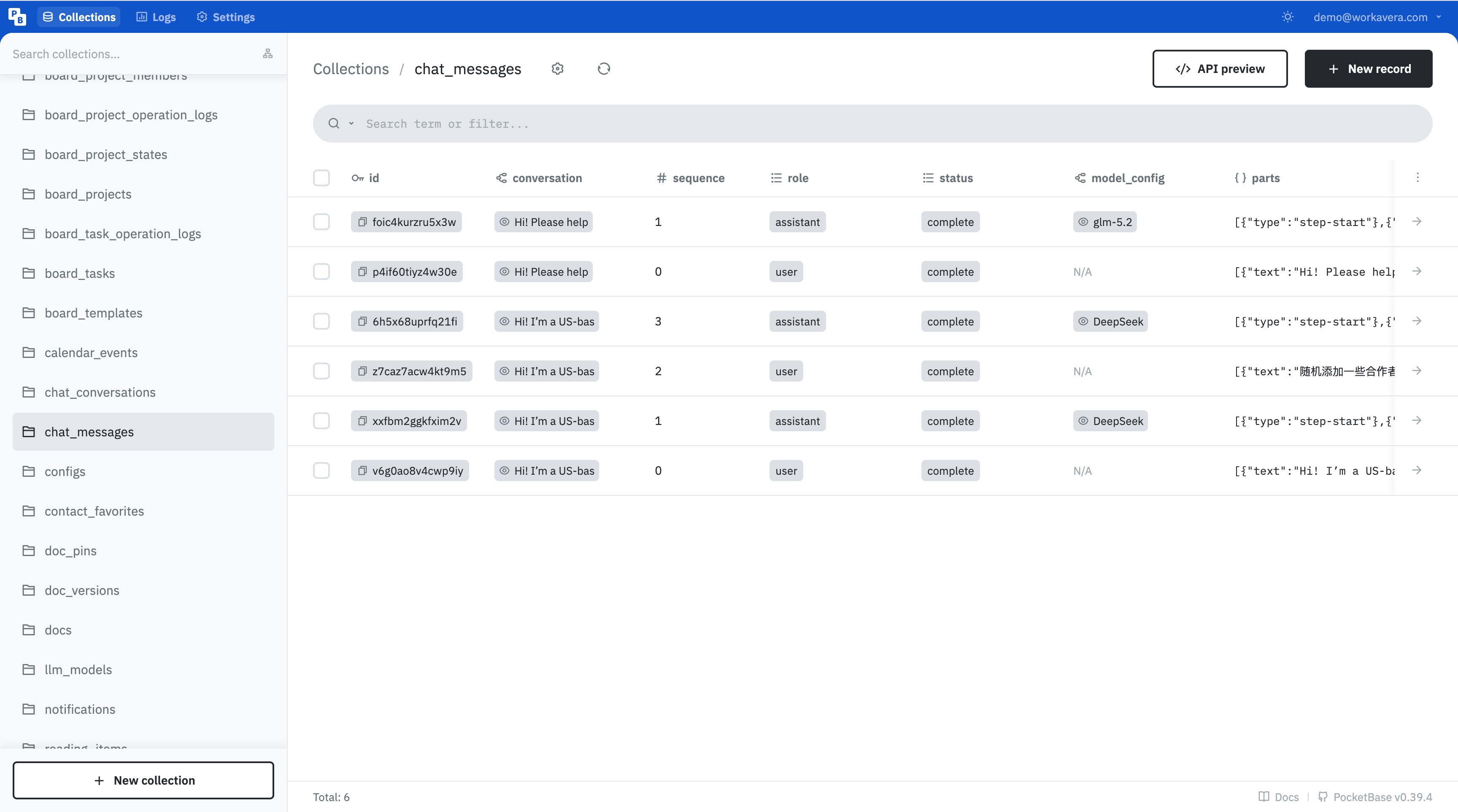 Workavera PocketBase admin UI with project, task, calendar, chat, and document collections alongside chat message fields and records